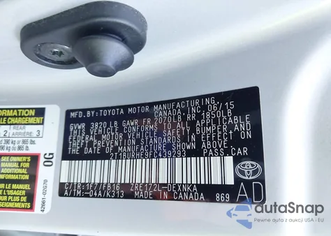 2015 Toyota Corolla Le z USA, uszkodzony, nr VIN 2T1BURHE9FC439293